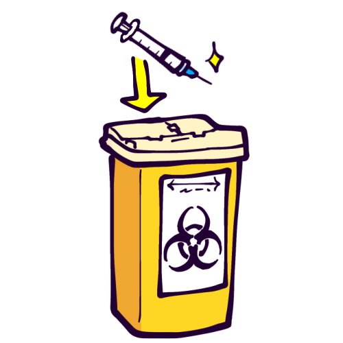 A yellow sharps container, which is a tall red plastic box labeled with a biohazard symbol. A syringe with a needle is above it, with a yellow arrow going down towards the container. A sparkle highlights the sharp point of the needle.